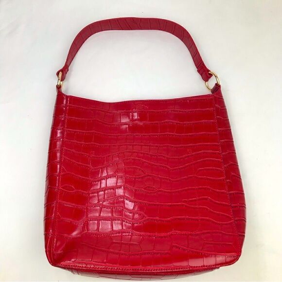 Kate & Mallory Red Studded Croc Embossed Faux Leather Shoulder Bag and Pouch - Picture 7 of 16